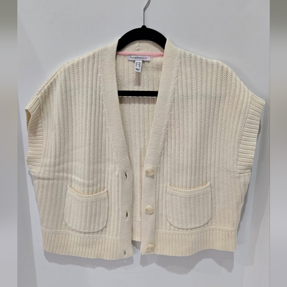 Isaac Mizrahi LIVE Cream/Coconut Women's Cardigan Vest Cropped Relaxed Fit